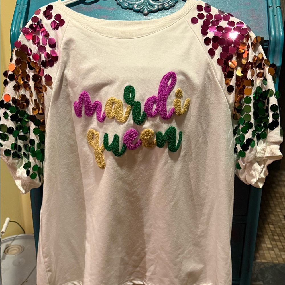 BiBi White Top with Colorful Sequin Sleeves - Picture 2 of 4